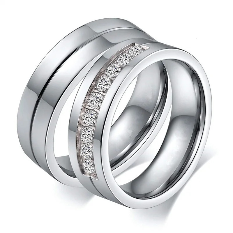 Fashion Silver Color Stainless Steel Couple Rings for Lovers Engagement Wedding Band Cute Women Zircon Classical Men Ring 250704