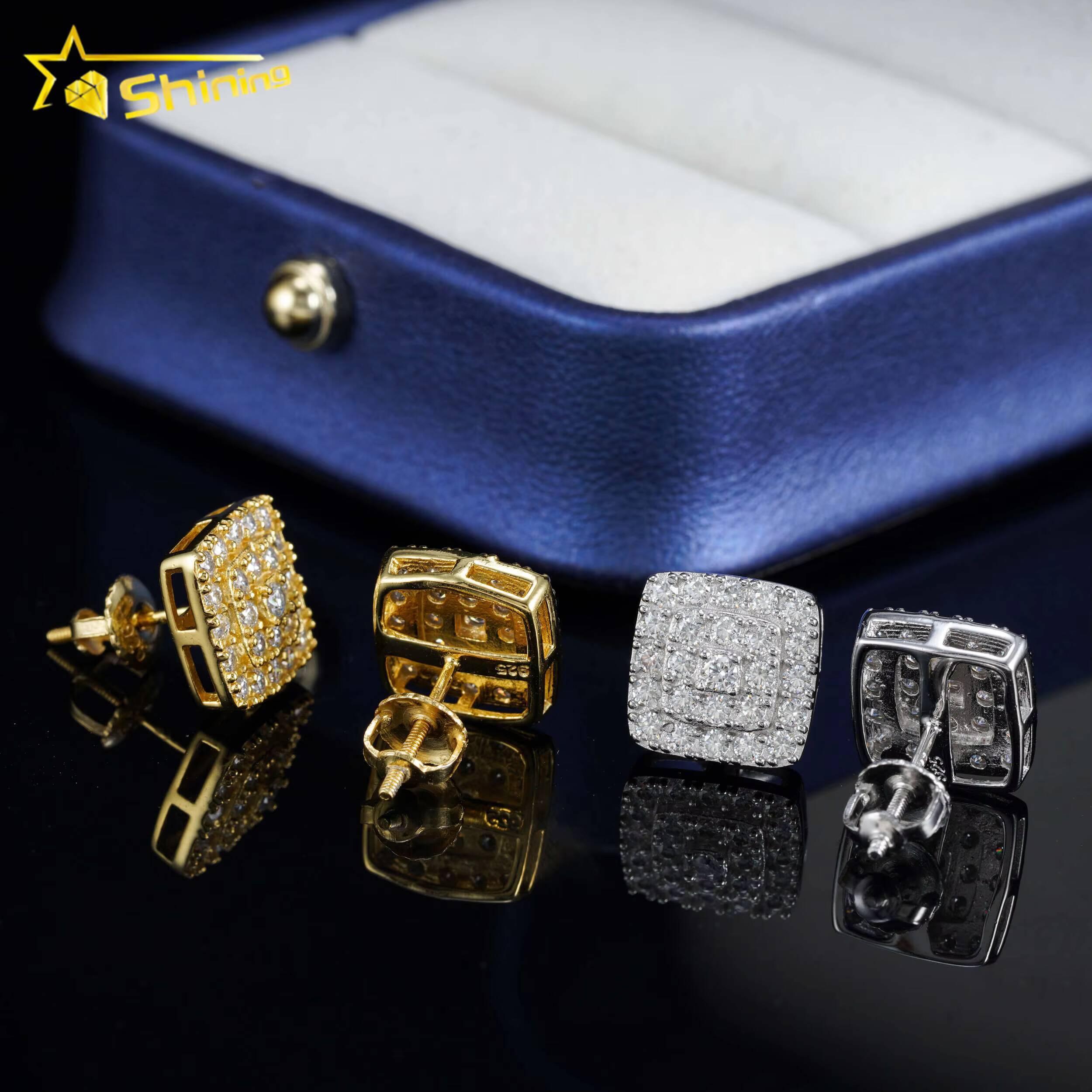 Trendy MEN WOMEN Gold/White Gold Plated Sterling Silver Moissanite Diamond Screw Back Stud Mens Earrings