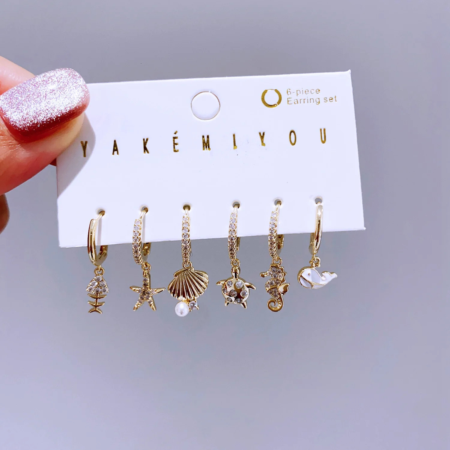 MIGGA 6pcs Cubic Zircon Sea Animals Pendant Dangle Earrings Set Gold Plated Fashion Women Girls Jewelry 250716
