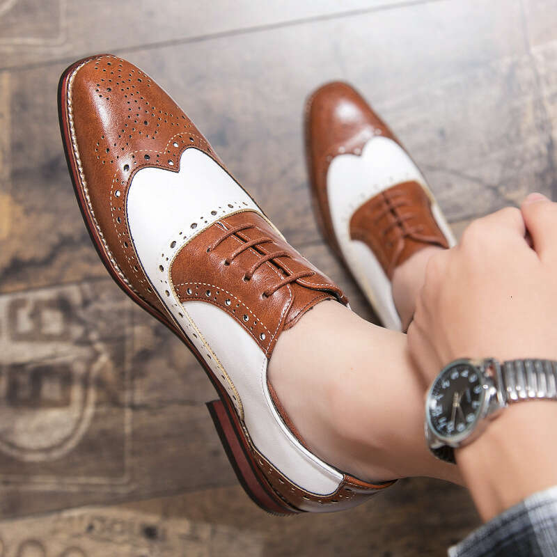 Brogue Leather British Style Carved Pattern Color Block Casual Studio Wedding Photo Black and White Large Size Men's Shoes