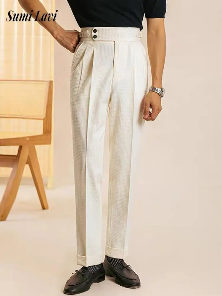 2025 Summer Casual Slim Straight Trousers Mens Naples Style Belt High Waist Suit Pants Men Fashion Waffle Plaid Solid Pants 250707