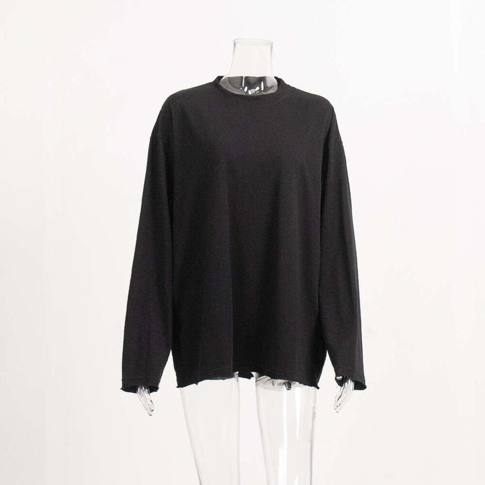 100% Cotton T-Shirt For Women Spring New Loose Solid Color Oversize Round Neck Long Sleeve Tee B5
