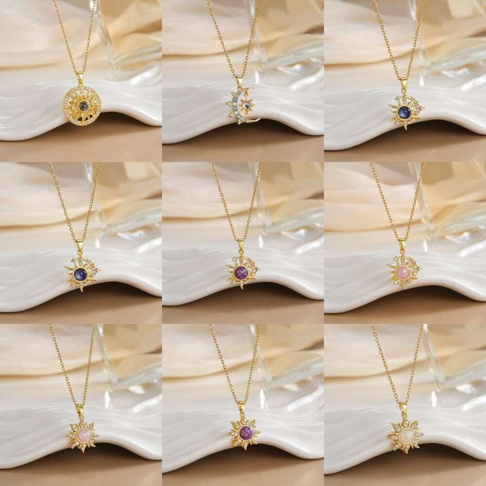 Gold-Plated Copper Opal Temperature-Sensitive Sun And Moon Pendant Micro-Paved Zirconia Titanium Steel Necklace 862
