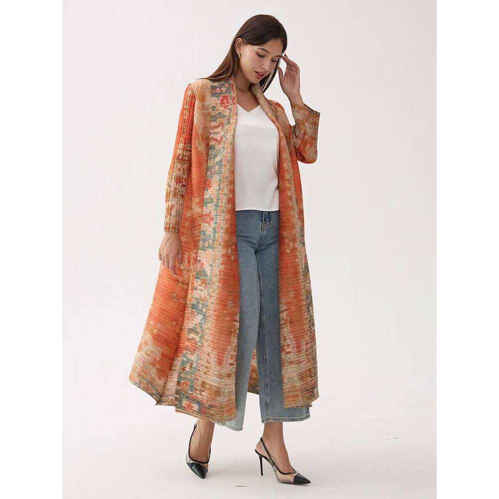 Miyake Pleated Vintage Printed Turn-Down Collar Sleeve Long Jacket Women Designer Abaya New Dubai Fashion Plus Size Coats