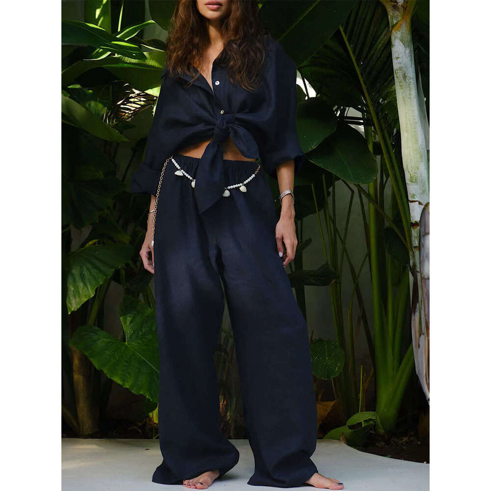 Long Sleeve Spring Summer New Women's Loose Casual Cotton Shirt + Pants Set B5