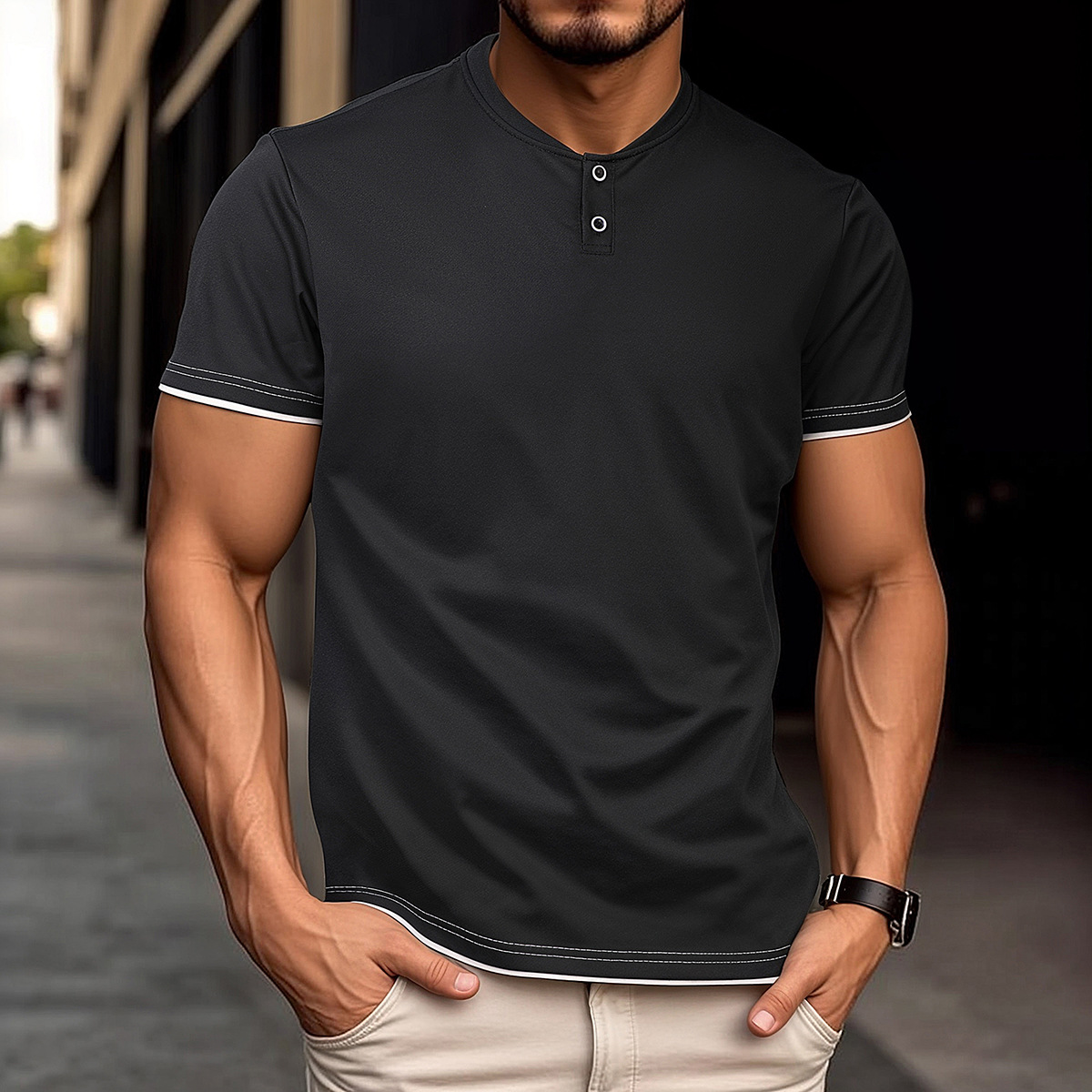 Classic Round Neck Slim-Fit Short Sleeve Tee with Button designer t shirt-Accented Color Block Design designer t shirt