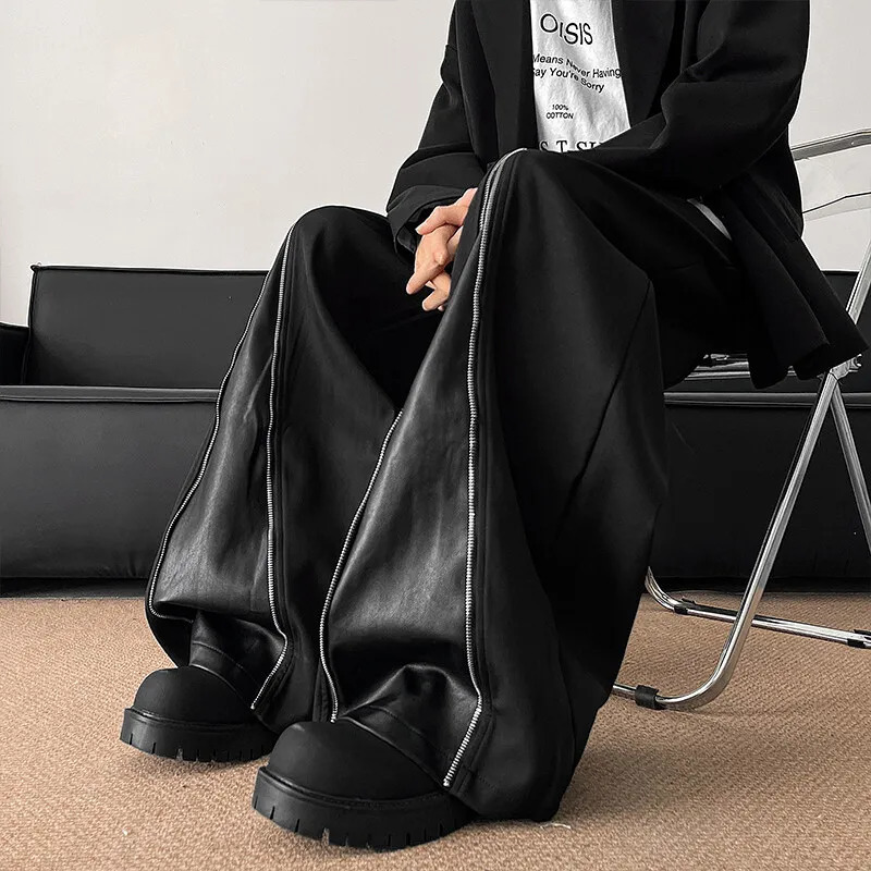 Patchwork Wide Leg Pants Men Casual trousers PU Zipper Hip Hop unisex Fashion Harajuku High Street trend Loose Ropa Hombre 250704