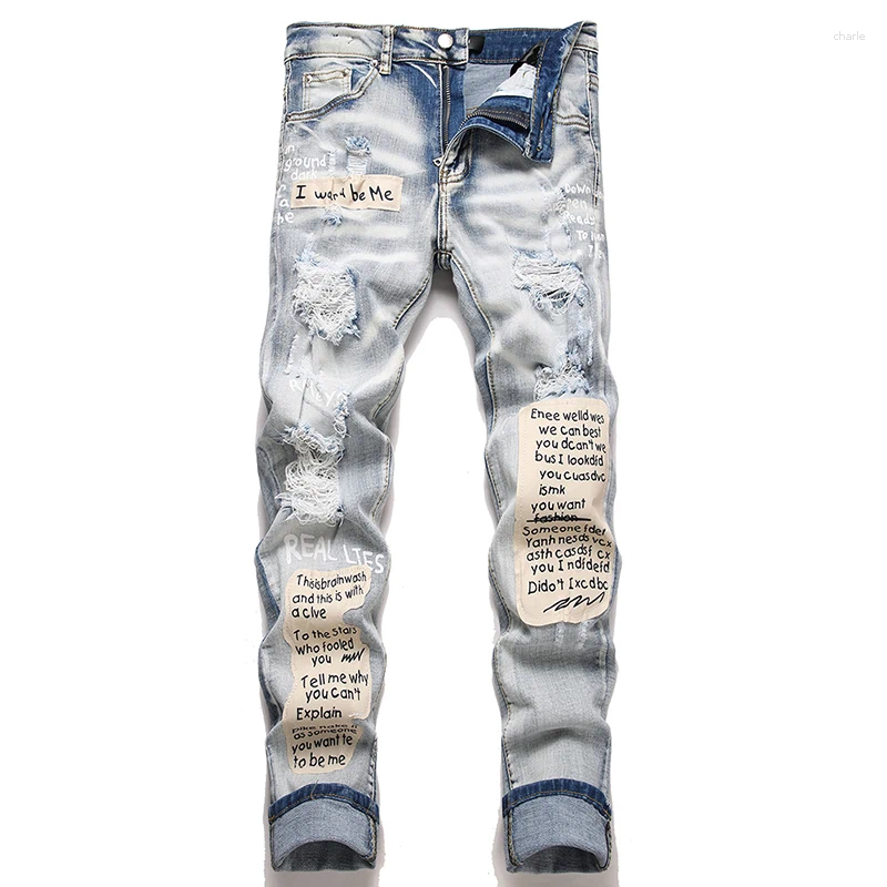Designer Men's Jeans Stylish Blue Stretch Ripped Featuring Retro Style And Unique Letter Print Patches
