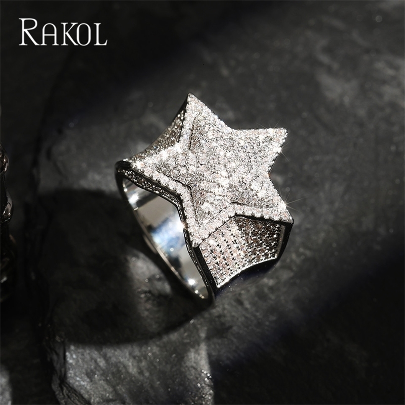 RAKOL Star Full Zircon Rings Gold Color Five Pointed Star Ring Shine Hip Hop Jewlery Gifts 250716