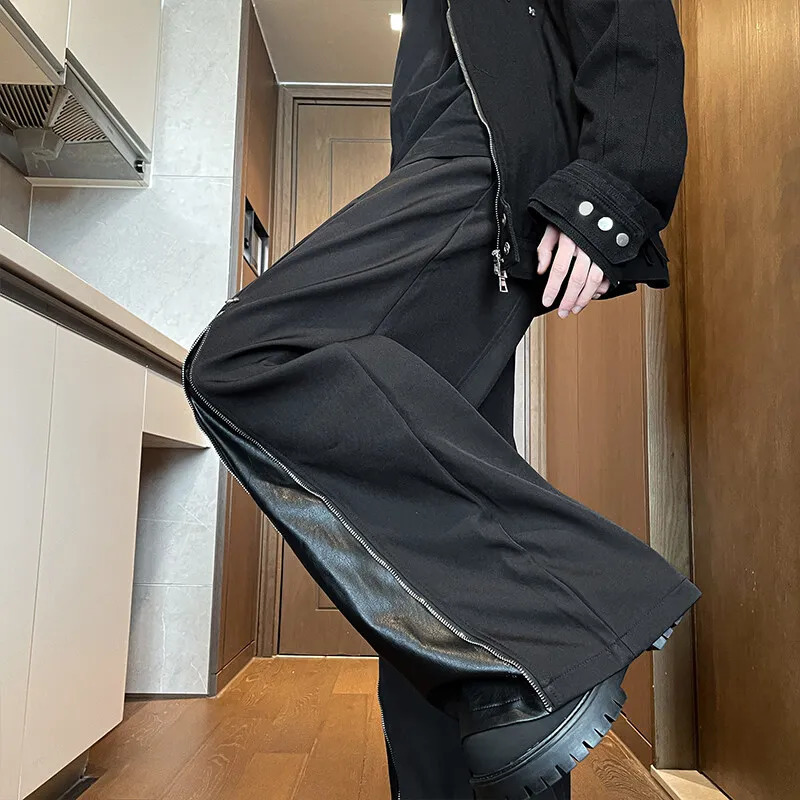 Patchwork Wide Leg Pants Men Casual trousers PU Zipper Hip Hop unisex Fashion Harajuku High Street trend Loose Ropa Hombre 250704