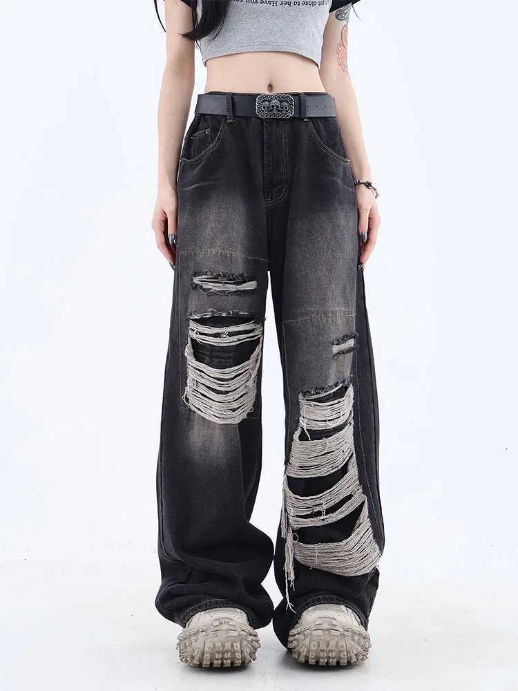 Womens Gothic Black Jeans High Waist Vintage Korean Fashion Y2k Streetwear Ripped Pants Harajuku Casual Wide Leg Denim Trousers R250716