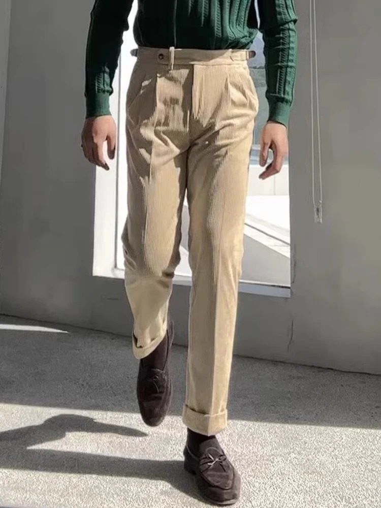 Naples Style Casual Corduroy Trousers Mens Vintage Belt n Solid Color Ribbed Pants For Men Fall Trendy Slim Straight Pants 250707