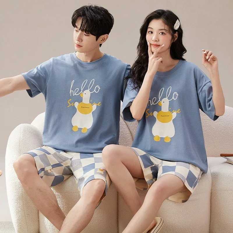 Matching Home Clothes for Couples Cotton Nightwear Summer Thin Short Sleeping Tops Shorts Pajamas Set for Women Men Pajamas W250717