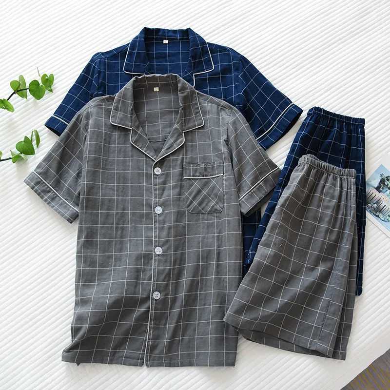 Summer New Mens Pajamas Two-Piece 100% Cotton Gauze Short-Sleeved Shorts Simple Plaid Loose Casual Breathable Home Service Suit W250717