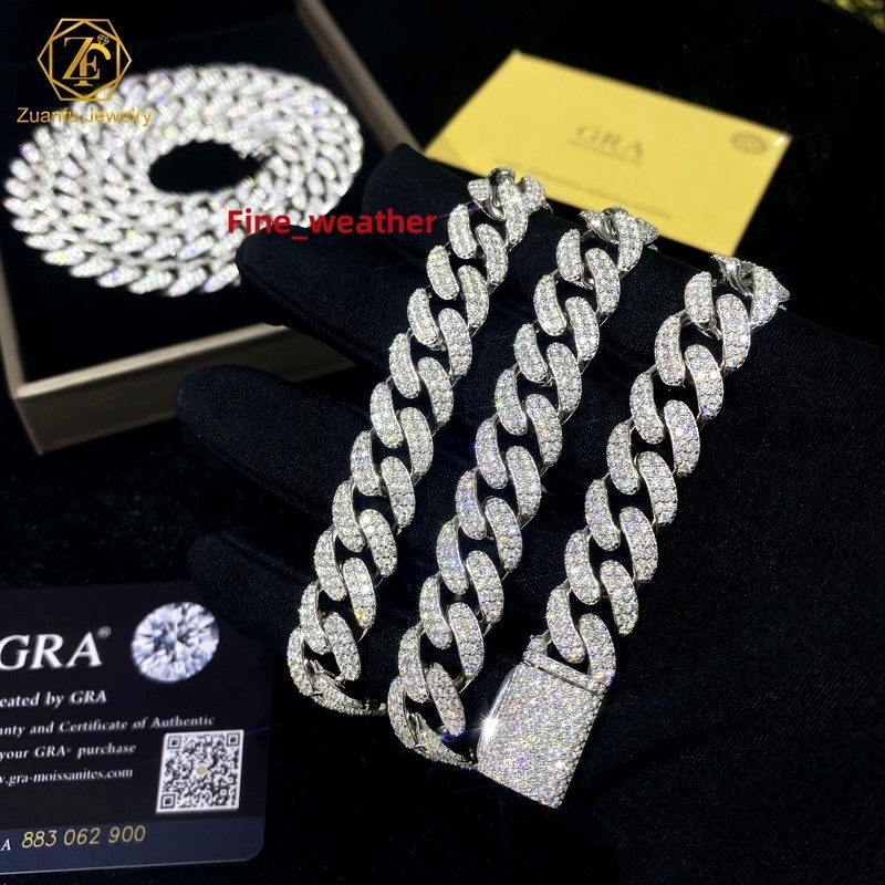 2 Rows Moissanite Prong Cuban Link Chain Necklace 12mm 15mm 925 Sterling Silver Iced Out Moissanite 8mm 20 Cuban Link Chai