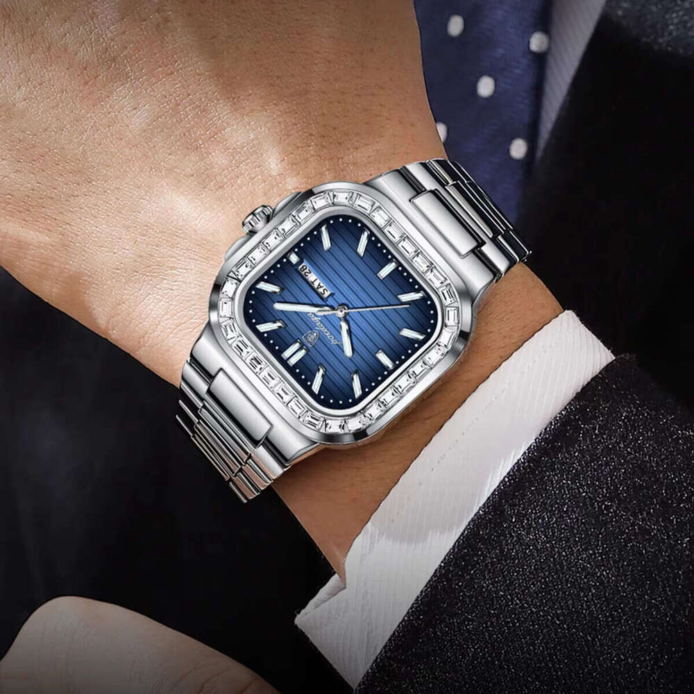 DHgargets Men's Luxury Diamond Watch - 30M Waterproof Square Quartz Wristwatch with Day & Date (Model 975)