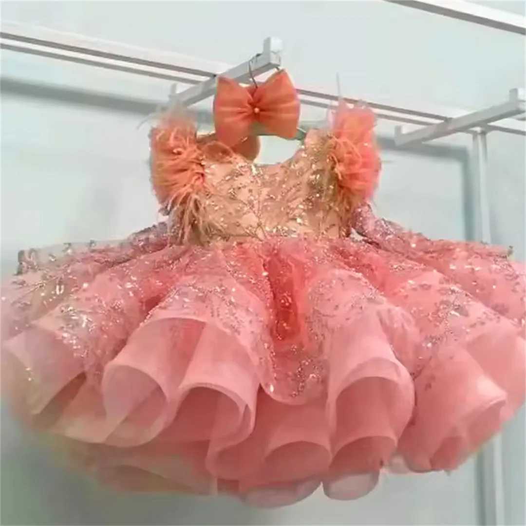 Feather Flower Girl Dresses for Wedding With Bow Pearls Appliques Knee Length Kids Birthday Dresses First Communion Gowns Z250716