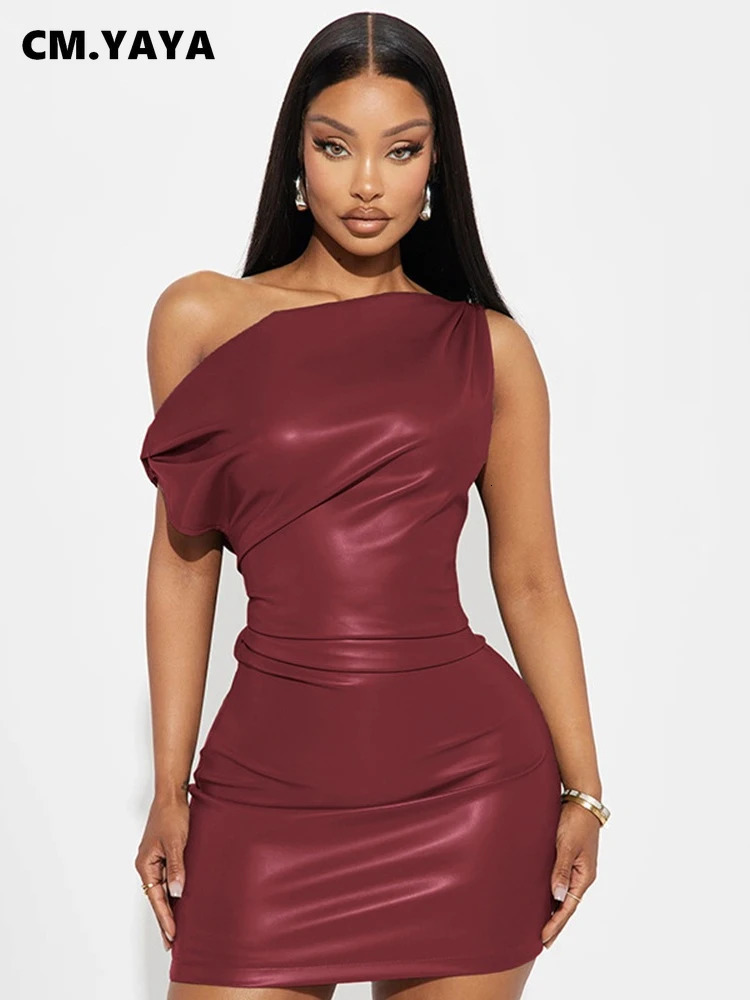 CM.YAYA Women PU Leather Skew Collar Sleeveless Ruched Mini Dress 2025 Bodycon Sexy Streetwear Evening Night Club Party Dresses 250715
