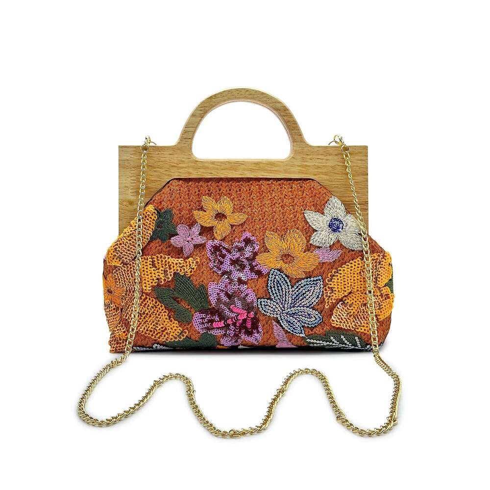 Fashion Embroidered Sequins Women Handbags Wooden Handle Chain Shoulder Crossbody Shinny Summer Beach Bag Party Clucth Purse