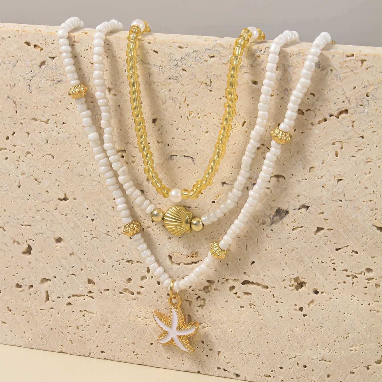 Vintage Womens Multi-layer Stacked Handmade Seed Bead Choker Trendy Starfish Shell Pendant Necklace Summer Beach Party Jewelry XJ250717