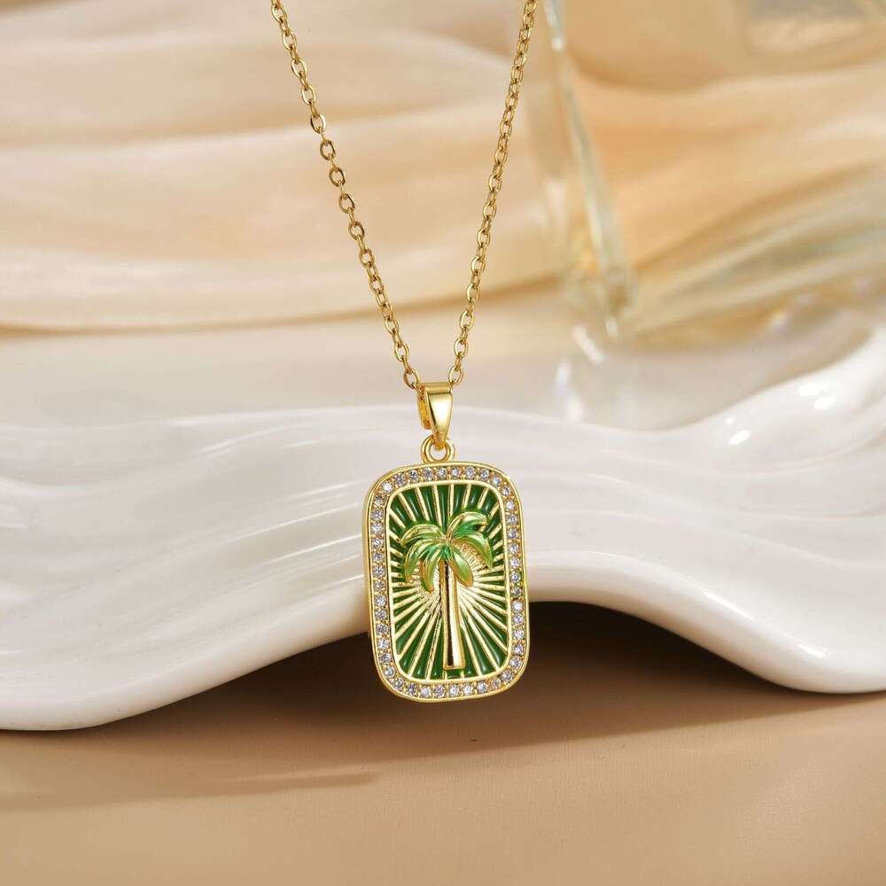 Vacation Style Colorful Tarot Card Necklace Square Inlaid Zircon Pendant Seahorse Dolphin Palm Tree Marine Life Clavicle Chain For Women F38