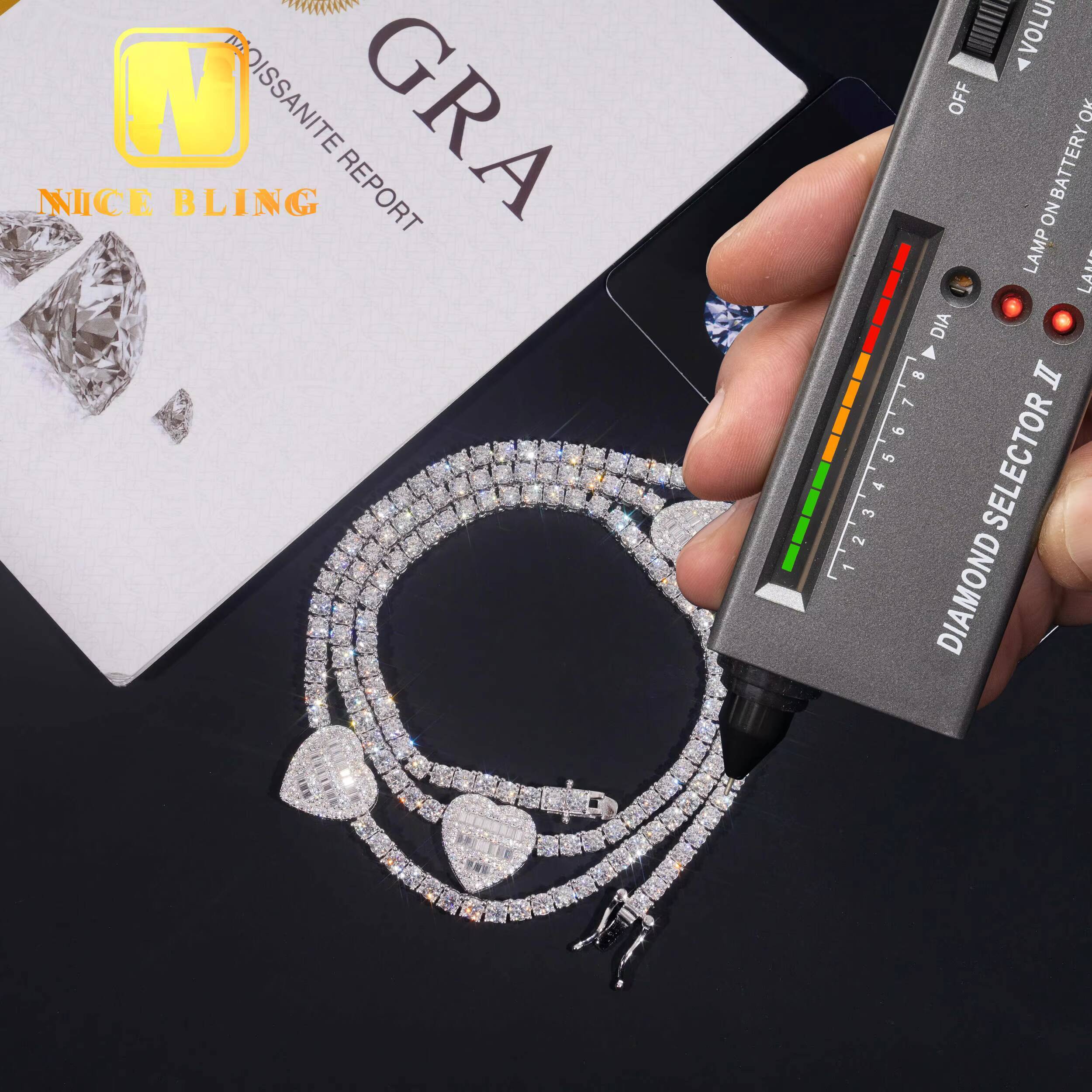 GRA Certificate Elegant Women Gift Jewelry 3mm 925 Sterling Silver Iced Out VVS1 Moissanite Diamond Heart Cluster Tennis Chain