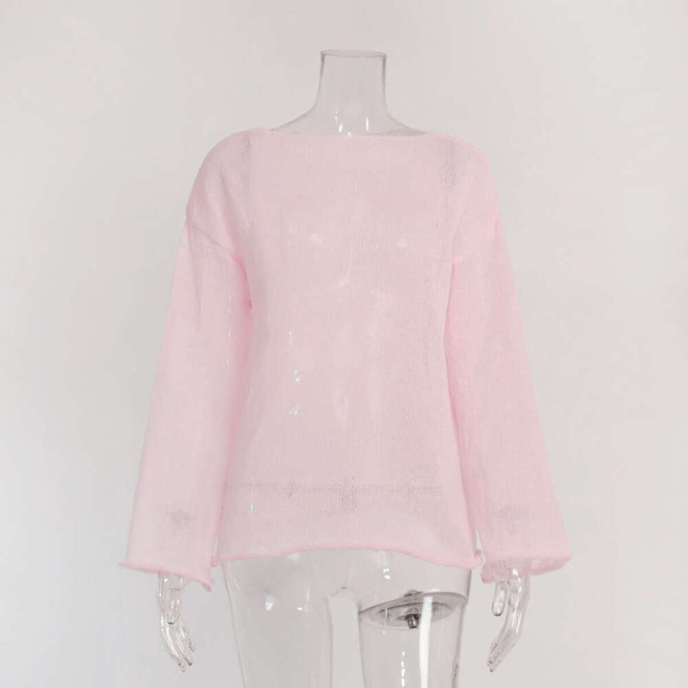 Spring Summer New Women's Hollow Out Sweater, Sheer Thin Large Round Neck Flare Sleeve Knit T-Shirt B5