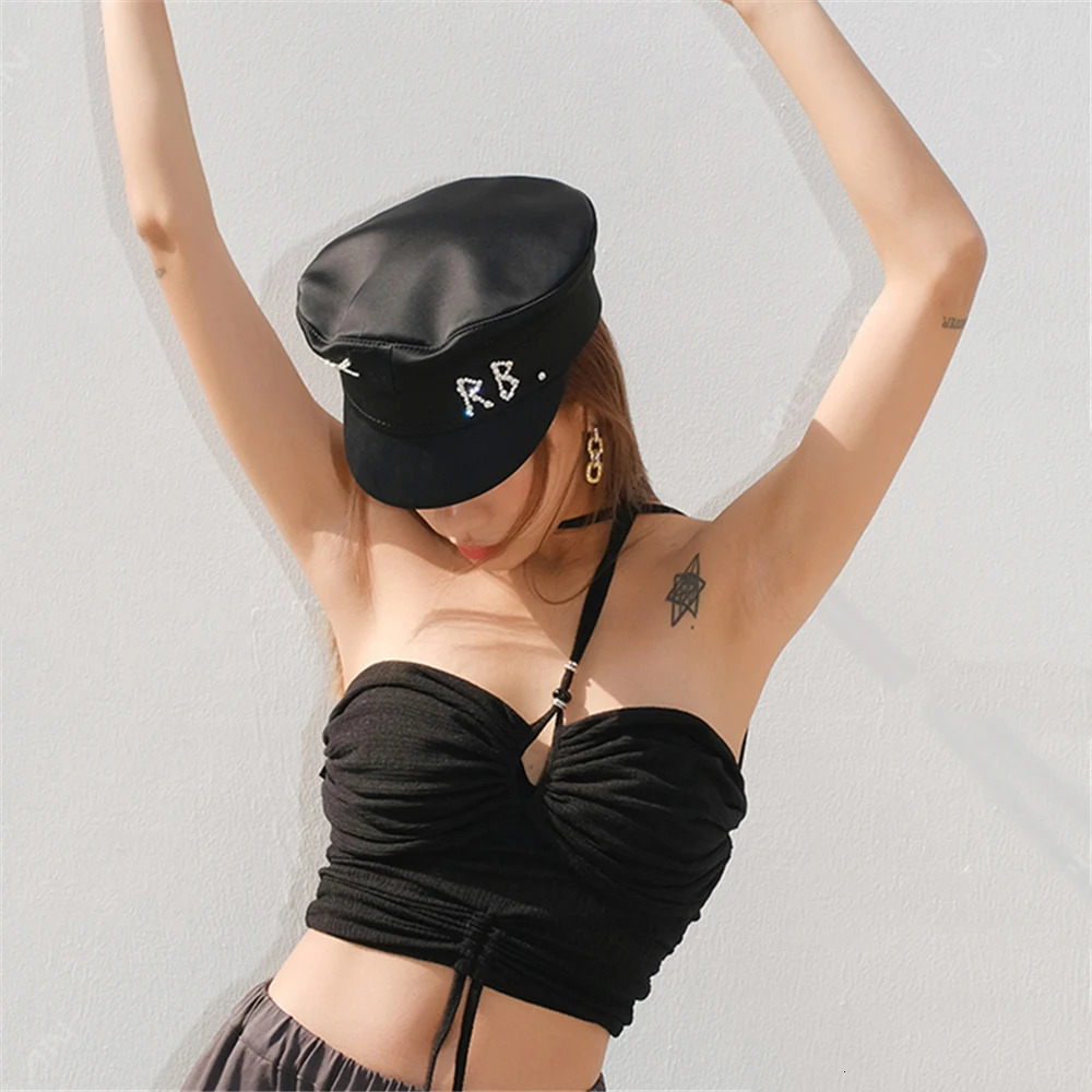 Trendy Satin Letters Flat Top Military Hats Spring Summer sboy Cap Crystal Baker Boy Hat Visor 250716