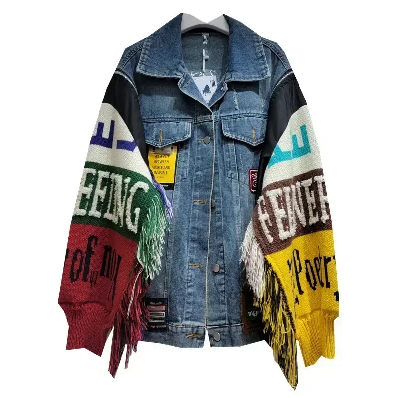 Alphabet badge denim coat knitted spliced sleeves sweater fringed jeans jacket street wear wool sweater 250717