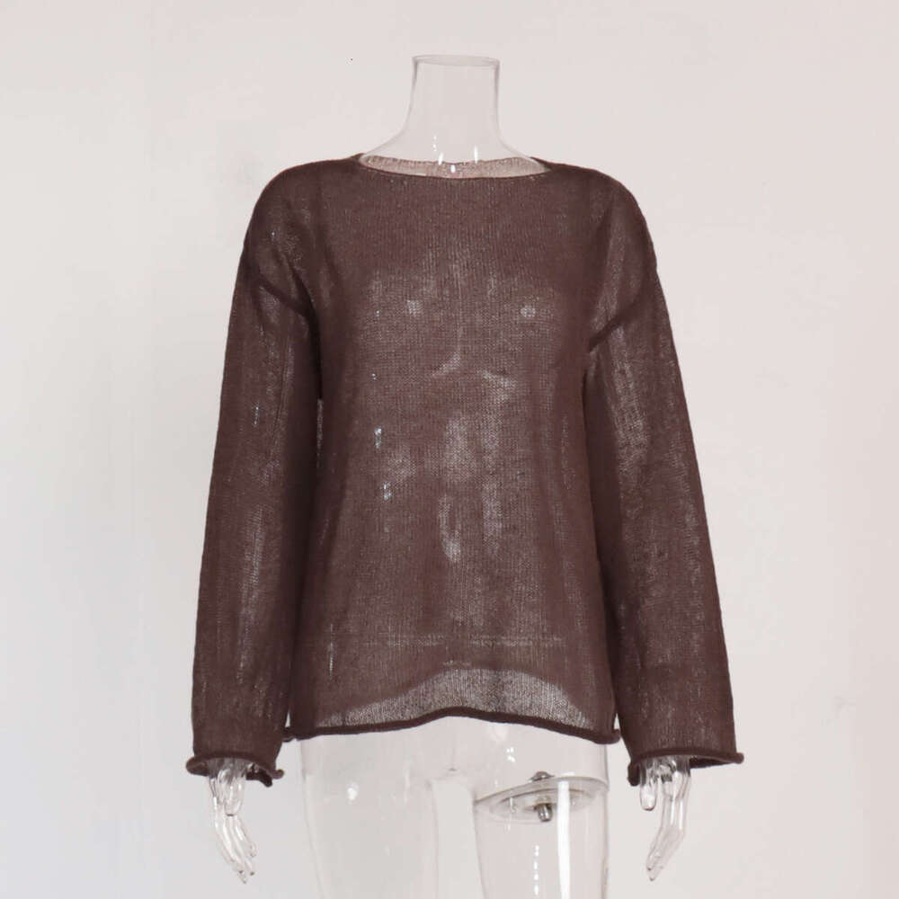 Spring Summer New Women's Hollow Out Sweater, Sheer Thin Large Round Neck Flare Sleeve Knit T-Shirt B5