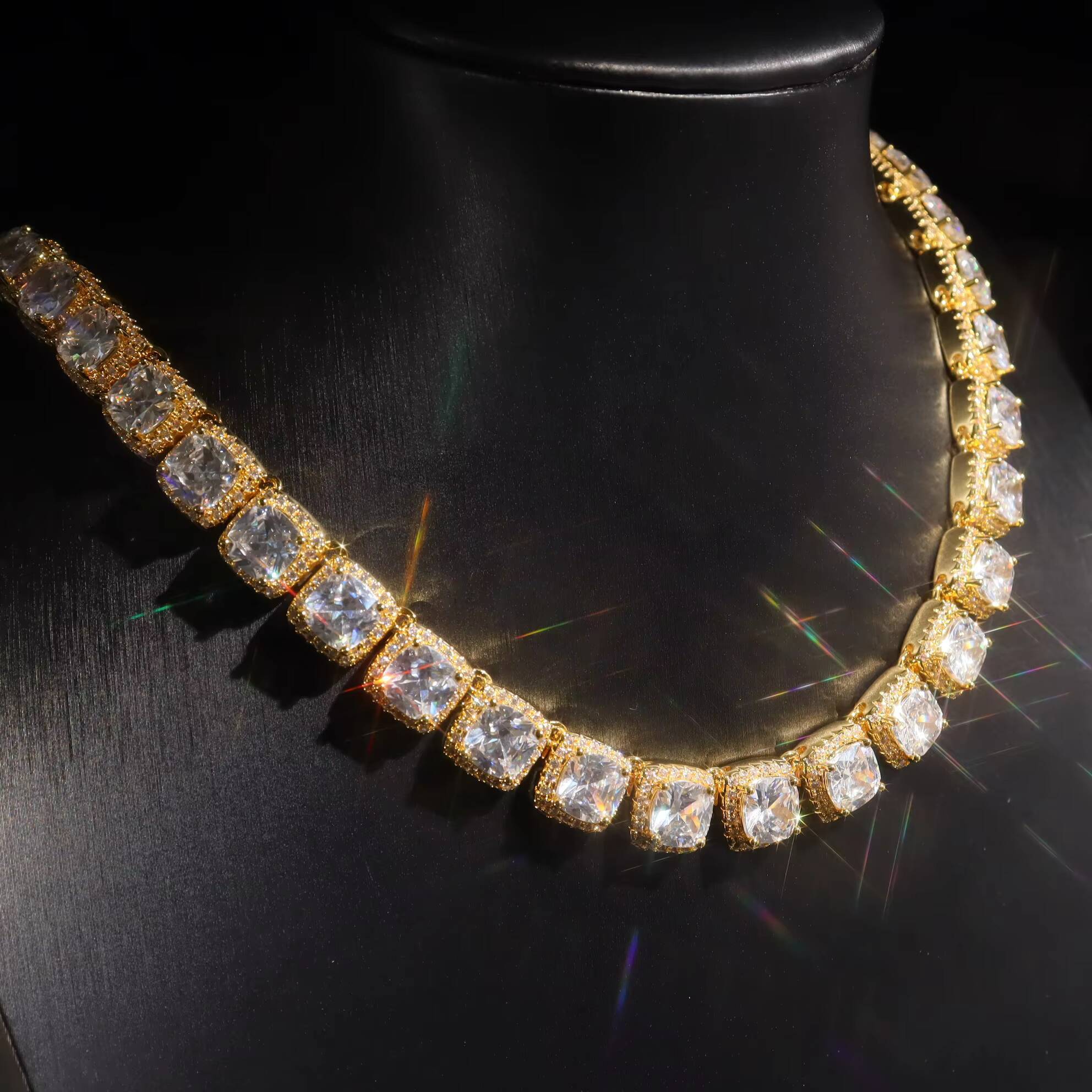 Gra 12mm Square Moissanite Rock Sugar Chain Full VVS Moissanite Iced Gold Tennis Necklace Hip Hop Jewelry for Men and Women