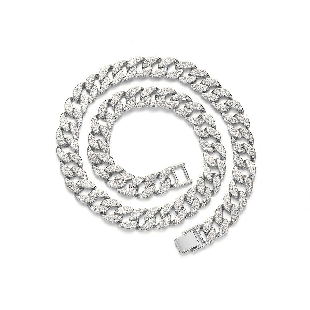 High-end Full Dia Hip-hop Exaggerated 15mm Alloy Inlaid Rhinestone Cuban Necklace