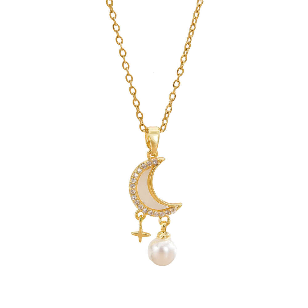 Necklace For Women, Unique Design With Moon Star Pendant, Pearl Hanging, Titanium Steel Necklace, Simple And Elegant Fashion Collarbone Chain 3E0