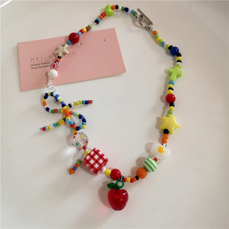 Kpop Fashion Heart Fruit Tomato Bowknot Pendant Colorful Beaded Necklace Woman Aesthetic Jewelry Cute Summer Y2K EMO Accessories 250715