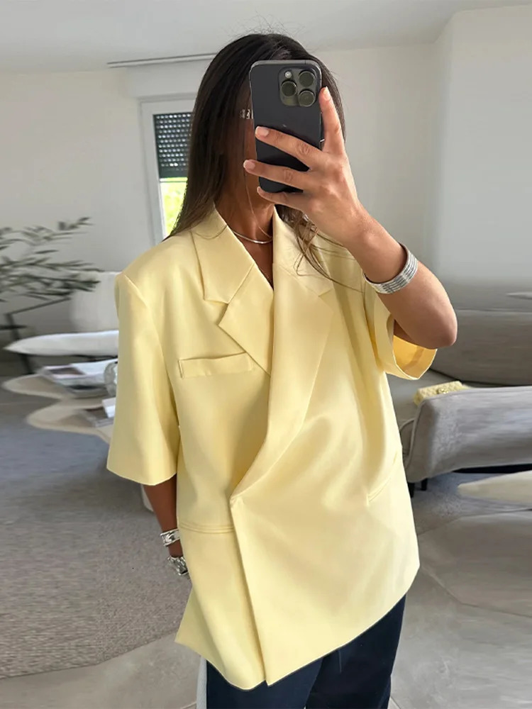 2025 Office Lady Solid Short Sleeve Lapel Blazer Jackets Women Casual V Neck Covered Button Suit Jacket Female Chic Street Coat 250715