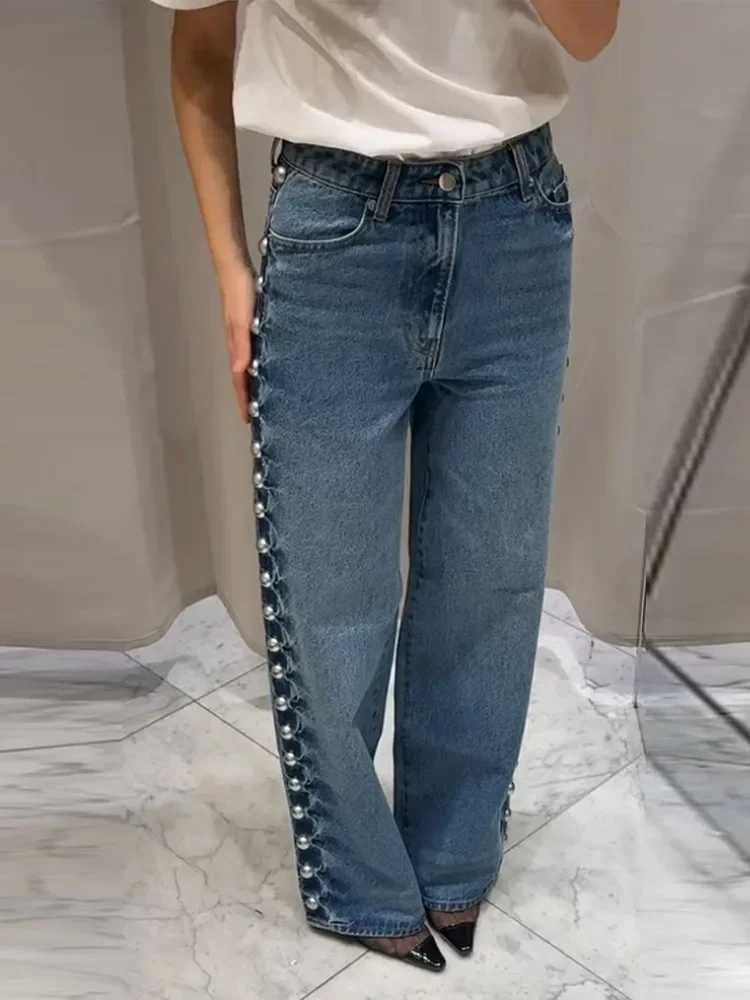 Chic Bead Blue Jean Women Street Baggy Wide Leg Straight Pocket Zipper Denim Long Pants Female 2025 Autumn Commute Lady Trouser R250716