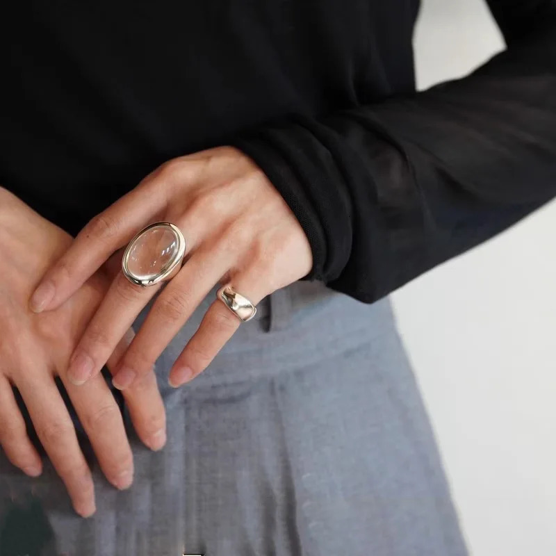 PANJBJ 925 Sterling Silver Geometry Crystal Ring For Women Ellipse Exaggerated Punk Water Drop Open Jewelry Gift Drop 250716