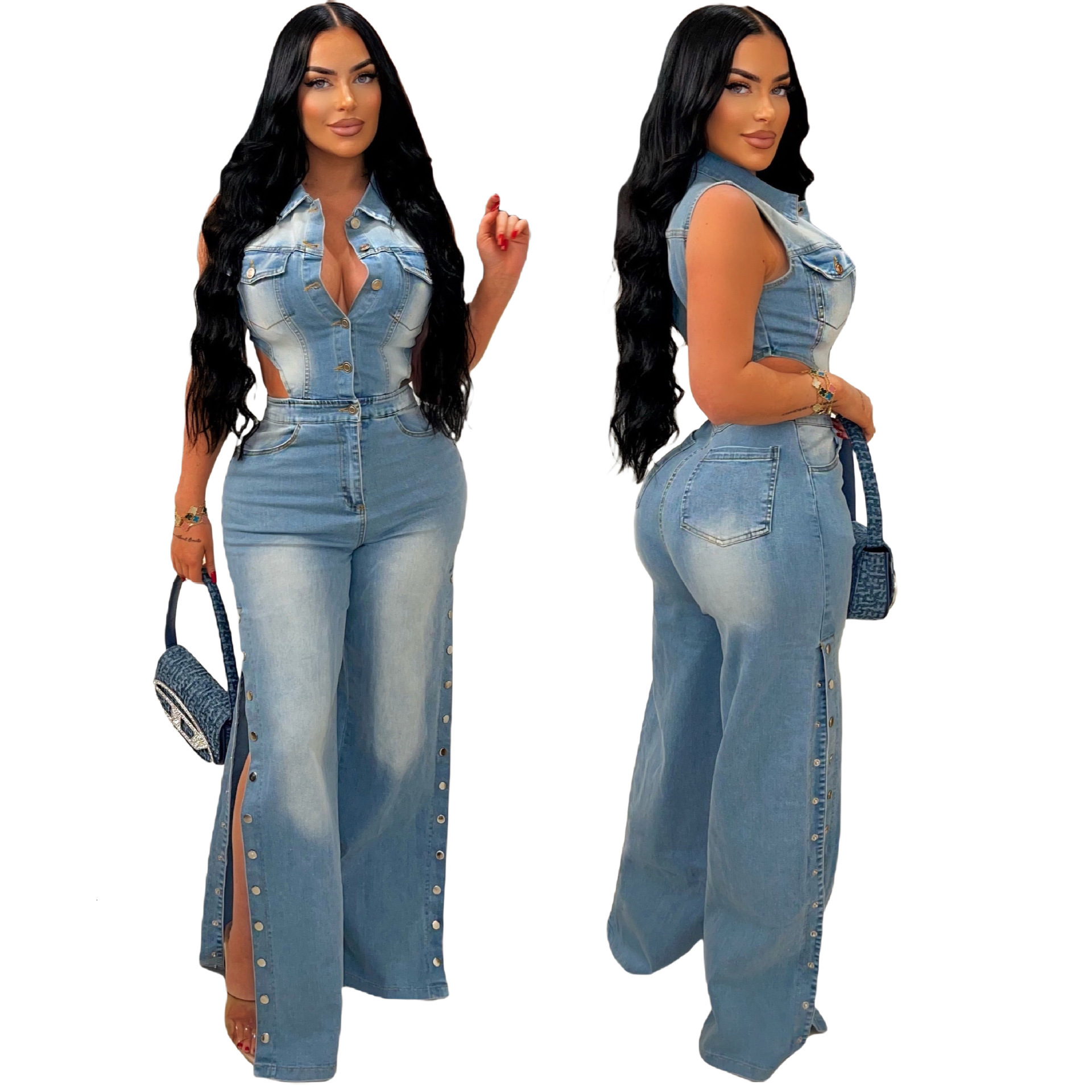 6986 tight waist slim fit elastic wash denim jumpsuit straight tube loose jumpsuit
