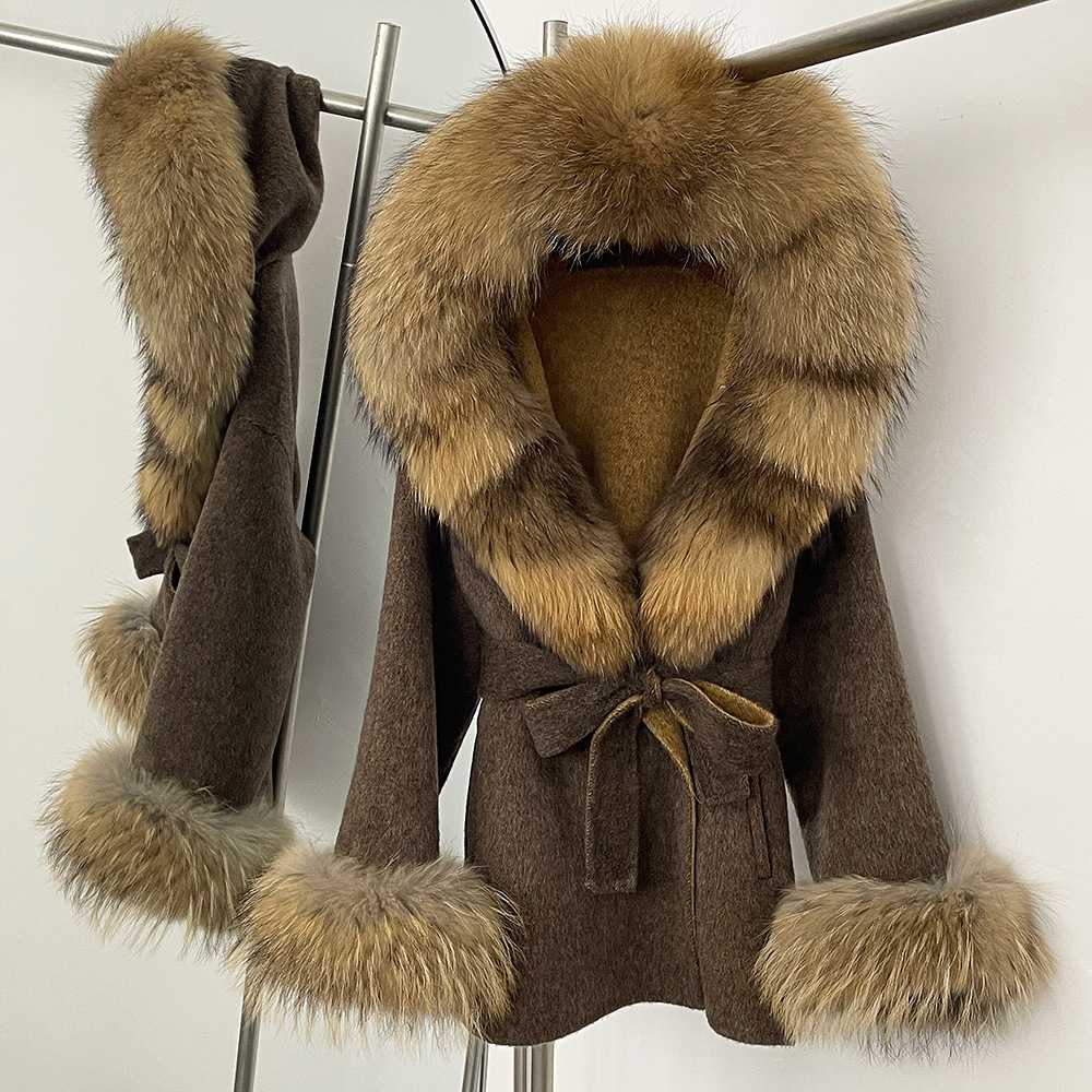 Petite High-End Feel Winter New Oversized Fox Fur Collar Double-Sided Wool Coat Womens Woolen Jacket