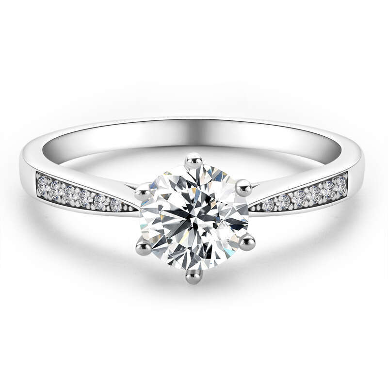 Pure Silver High-End For Women, Non-Fading, Elegant Classic Six-Prong Micro-Pave Moissanite Ring 7Ba