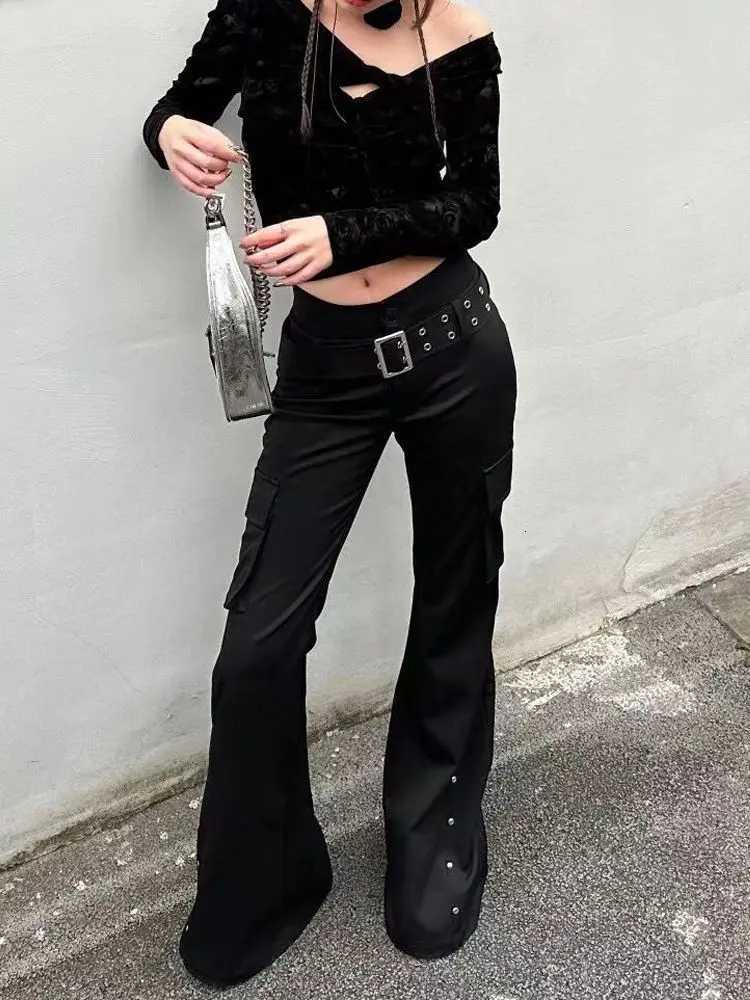 Retro New Pure Black Rivet Design Belt Decorative Slim Pants For Women Y2K Harajuku Goth Low-Waisted Flared Pants R250716