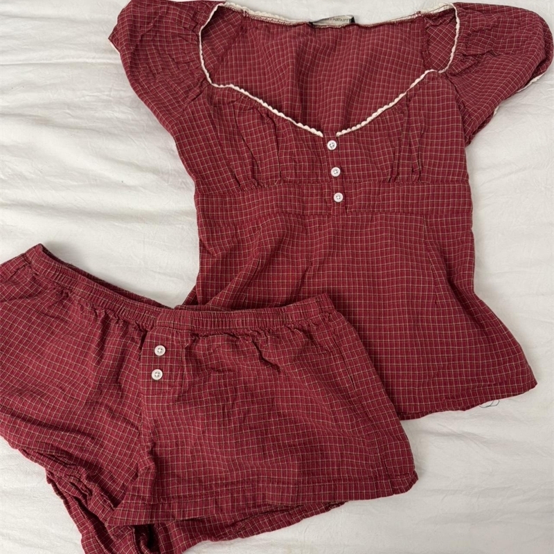 Red Plaid TShirt Shorts Set Women Summer Laceup Puff Sleeve BlouseButtons Elastic Waist Short Pants Cotton Sweet 2 Piece Sets y250707