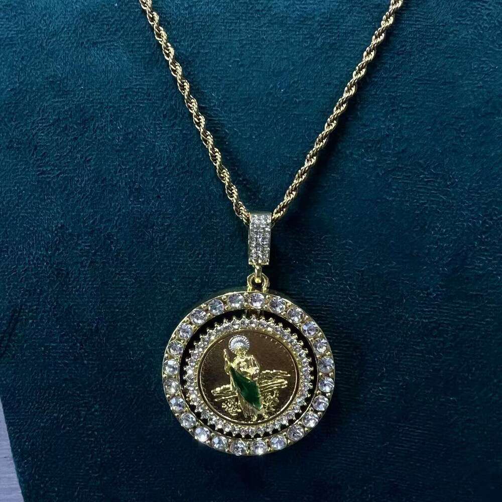 Inlaid Dia Rotating Grim Reaper Pendant Alloy Round Plate Hip-Hop Style Trendy Jewelry Rotatable Necklace