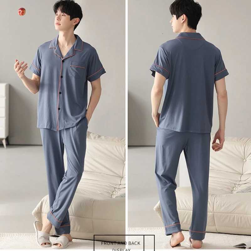 Plus Size Mens Modal Pajamas Set Summer Short Sleeve Cardigan Long Pants Homewear Suit Korean Youth Casual Loose Sleepwear W250717