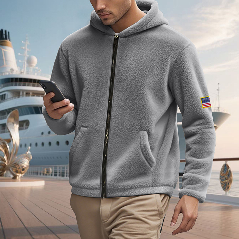 2025 American Style Double-Sided Arctic Fleece Loose Hooded Zipper High Street Trend Men's Sweater