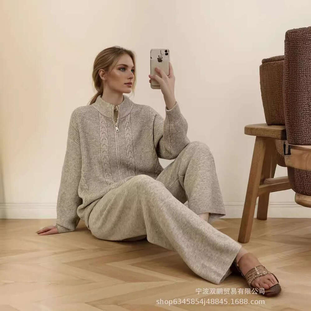 Autumn Winter New Loose Knitted Suit For Women With Zipper Cardigan Sweater + Wide-Leg Pants B5