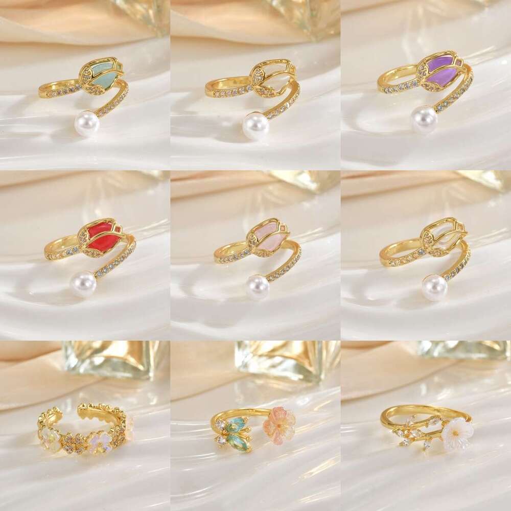 Korean Style Cat's Eye Stone Tulip Flower Ring For Women, Copper Plated With Real Gold, Fashionable, Simple, High-End Jewelry 0D6