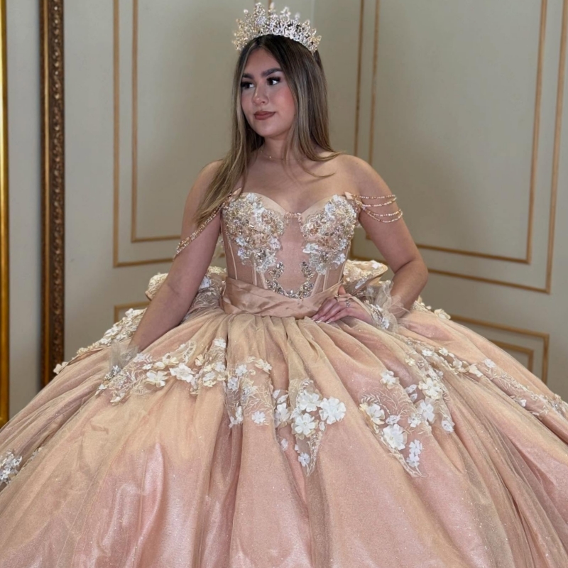 Pink Shiny Quinceanera Dresses Ball Gown Off The Shoulder Applique Lace Flower Beads Tull Corset Party Birthday Sweet 16 Dress Vestidos De 15 Anos