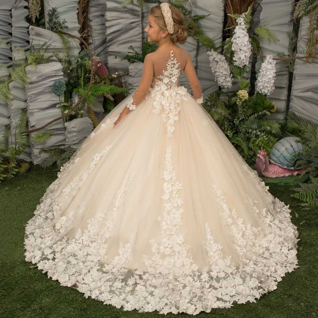Customized Flower Girl Dress Light Champagne Pearls Floral Appliques Long Sleeve For Wedding Birthday Prom Holy Communion Gown Z250716