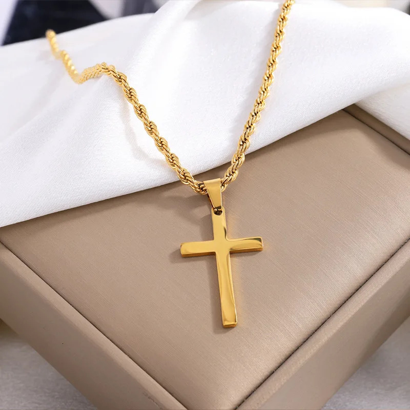 Stainless Steel Cross Pendant Necklace for Men Boys 18K Gold Plated Silver Simple Twisted Chain Fashionable Jewelry Beach Party 250717